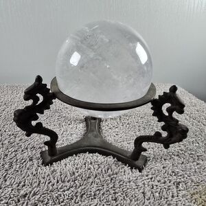 Vintage Clear Rock Crystal Ball with Dragon Stand